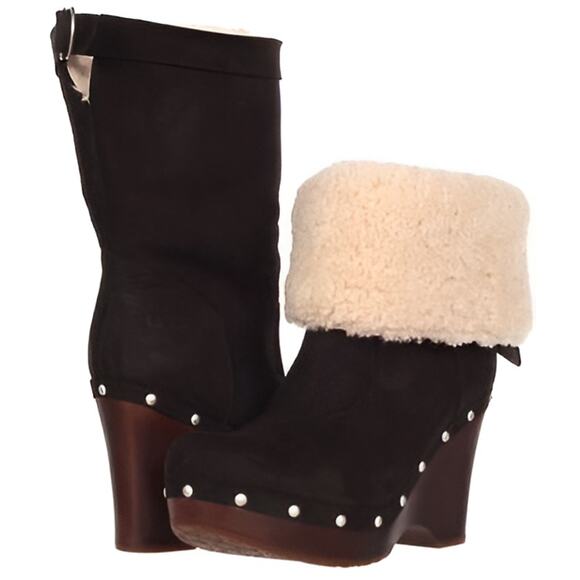 UGG Carnegie Leather Shearling Fold Down Wedge Clog Winter Boots Black Size 10 - Picture 1 of 12